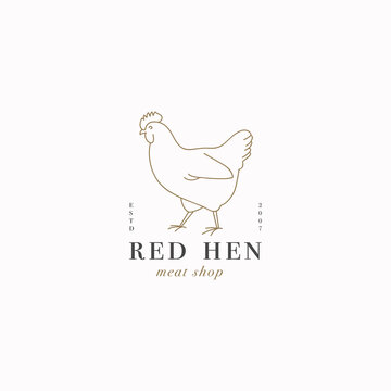 Vector design linear template logo or emblem - farm hen. Abstract symbol for meat shop or butchery.