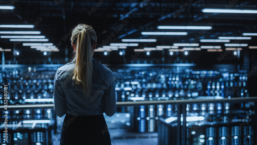 Poster Data Center Female Programmer Using Laptop Computer, Maintenance IT Specialist. In Cloud Computing Server Farm Smiling System Administrator Working on Cyber Security for Iaas, saas, paas.
