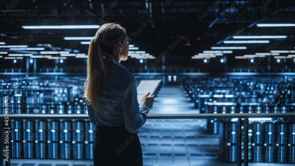 Poster Data Center Female Programmer Using Tablet Computer, Maintenance IT Specialist. In Cloud Computing Server Farm Smiling System Administrator Working on Cyber Security for Iaas, saas, paas.