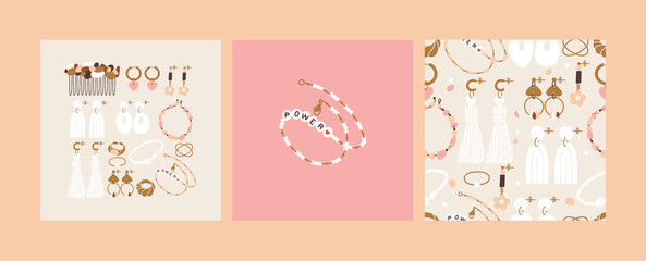 Fototapeta na wymiar Vector illustration set of jewelry items. Modern accessorizes - pearl necklace, beads, ring, earrings, bracelet, hair comb. Seamless pattern.