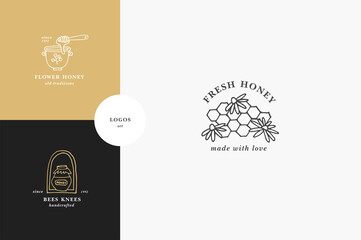 Vector set illustartion logos and design templates or badges. Organic and eco honey labels and tags with bees. Linear style and golden color.