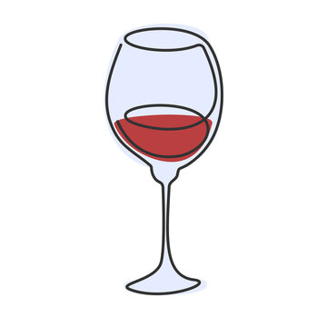 One line drawing red wine glass on white background. Object for celebration design. Colored cartoon graphic sketch. Continuous line way. Hand drawn party drinks concept. Freehand drawing style