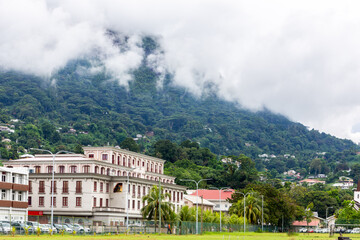 Victoria, Seychelles, 04.05.2021. Victoria town landscape view with colonial style office buildings...