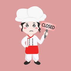 Cute chef girl in mascot cartoon art illustration holding closed sign