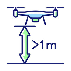 Minimum flight height RGB color manual label icon. Minimal drone altitude. Fly at least one meter from ground. Isolated vector illustration. Simple filled line drawing for product use instructions