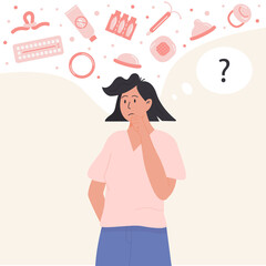 Pensive woman choosing contraception method. Thoughtful female person thinking about contraceptives. Concept of safe sex and birth control. Vector flat illustration.