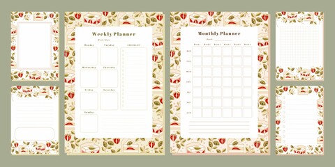 Set of weekly planner, monthly planner, note, memo, school scheduler templates with hand drawn cake, floral, and strawberry elements