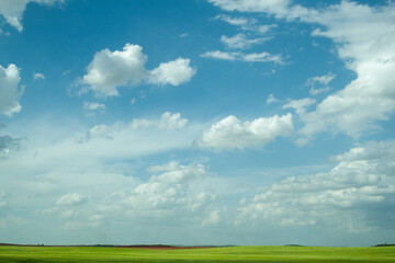 Fototapeta premium blue sky with clouds over green meadow