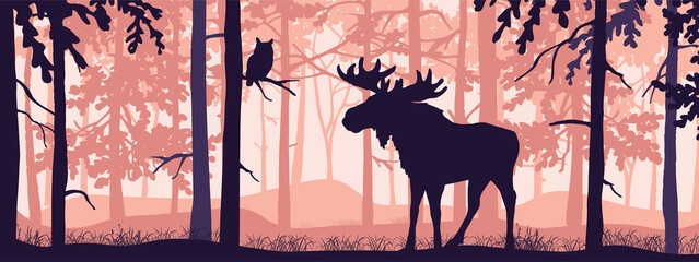 Horizontal banner of forest landscape. Moose with antlers in magic misty forest. Owl on branch. Silhouettes of trees and animals. Pink and orange background, illustration. Bookmark.