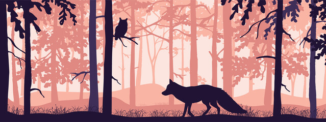 Horizontal banner of forest landscape. Fox and squirrel in magic misty forest. Silhouettes of trees and animals. Pink, orange, violet background, illustration. Bookmark.