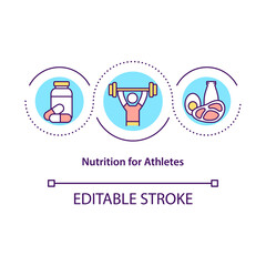 Nutrition for athletes concept icon. Sport diet abstract idea thin line illustration. Healthy menu for sportsmen. Dietary supplements. Vector isolated outline color drawing. Editable stroke