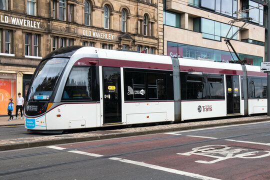 Public tram on the street in Edinburgh Scotland