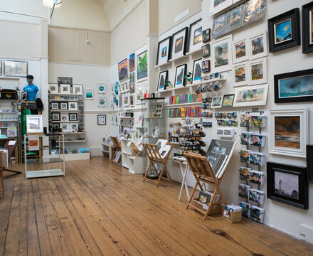 Edinburgh,Inside Of Art Gallery Shop Where Local Artists Sell Artwork To Customers And Tourists