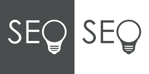 Search Engine Optimization. Logotipo con texto SEO con letra O con forma de silueta de bombilla en fondo gris y fondo blanco