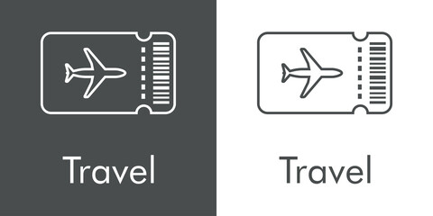 Logotipo con texto Travel y silueta de avión en tarjeta de embarque con lineas en fondo gris y fondo blanco © teracreonte