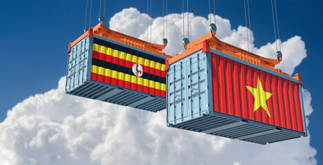 Freight containers with Uganda and Vietnam national flags. 3D Rendering 