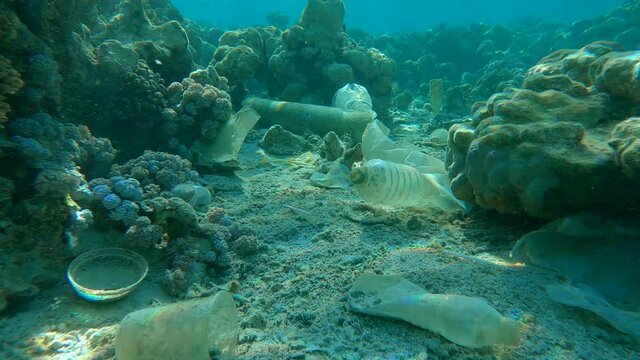 Beautiful coral reef covered with plastic and other garbage, colorful tropical fish swims over this debris. Camera slowly moving forward above seabed with plastic trash