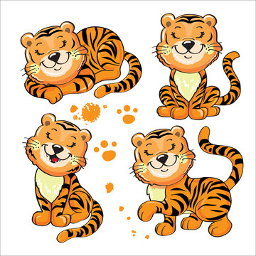 Cute cartoon baby tigers set. Vector illustration isolated. T-shirt design. Concept christmas, chinese new year, symbol of 2022