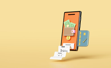 wallet and orange mobile phone,smartphone with coins,dollar banknote,credit card, invoice,paper receipt,electronic bill payment on yellow background.saving money concept,3d illustration,3d render