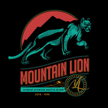 Mountain lion label tag. Vector illustration of cougar in engraving technique with lettering in retro design.