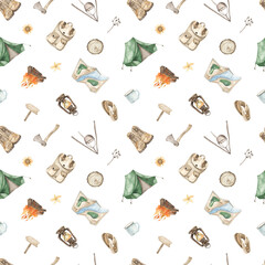 Watercolor seamless multidirectional pattern with tourist items, tent, boots, campfire, mug, rope, map, lantern on white background