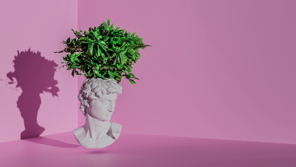 Head of a statue of David on a pink background with plants on his head.