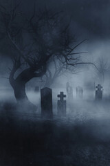 fog in dark graveyard, scary halloween night