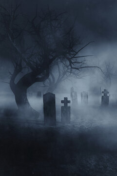 fog in dark graveyard, scary halloween night