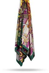 Subject photo of bright scarf with colorful floral design. Stylish silk neckerchief is hanging on the white background.  