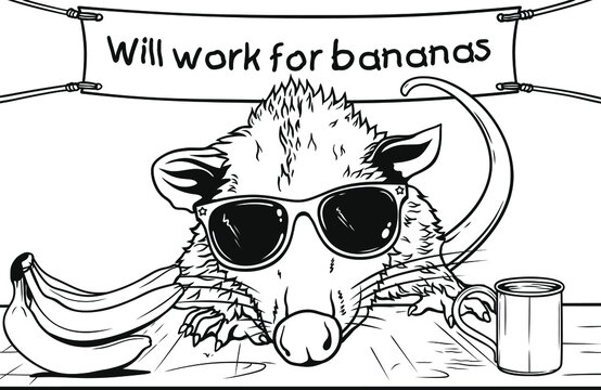 Possum wearing sunglasses offering work for banana
