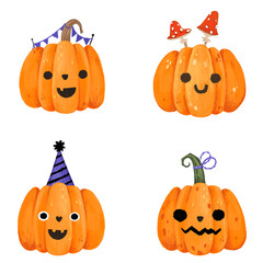 Cute halloween watercolor orange pumpkins hand drawn illustration cut out isolated on white background. Cartoon funny faces.