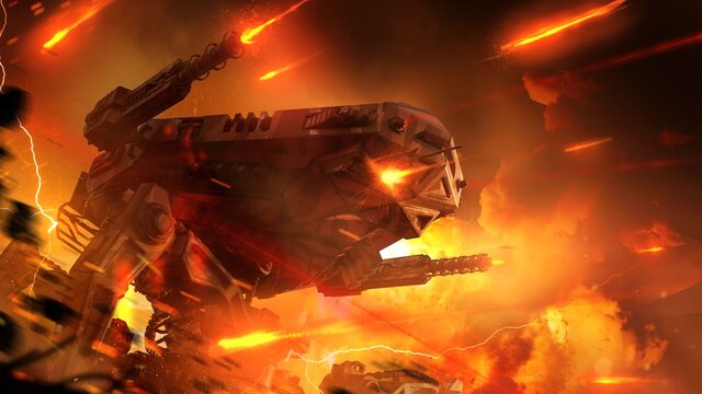 A huge mechanical robot in the style of Sci-Fi shoots from all the guns of machine guns and lasers against the background of explosions and fire of a crazy battle of the future, dust and night darknes