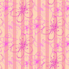 Fototapeta premium Pink seamless pattern with sakura and sptriped lines. Cute design for packages, wallpaper, textile, fabric.