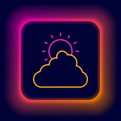 Glowing neon line Sun and cloud weather icon isolated on black background. Colorful outline concept. Vector