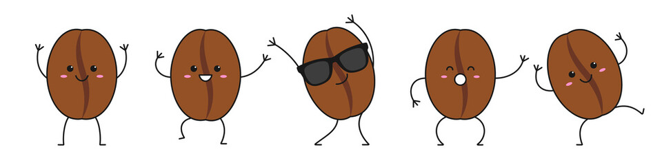 Coffee beans set character cartoon smiling face happy sweet emotions dark brown dance moves sign coffee drink vector illustration.