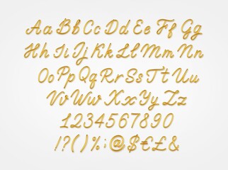 Gold 3d realistic capital and lowercase letters, numbers, symbols and currency signs isolated on a light background.