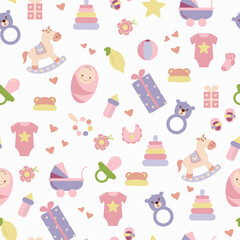 This is a girl. Children's pattern with children's toys, objects. Seamless background with baby things. Design of fabrics, textiles, wallpaper, packaging, Decoration for the nursery.