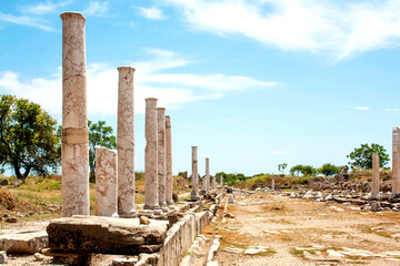 Ruins of the ancient city of Side. Antique Columns and stone decorations. Side Manavgat Antalya Turkey