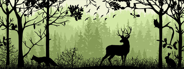 Horizontal banner. Silhouette of deer, fox, rabbit standing on meadow in forrest. Silhouette of animal, trees, grass. Magical misty landscape, fog. Green, black illustration. Bookmark.