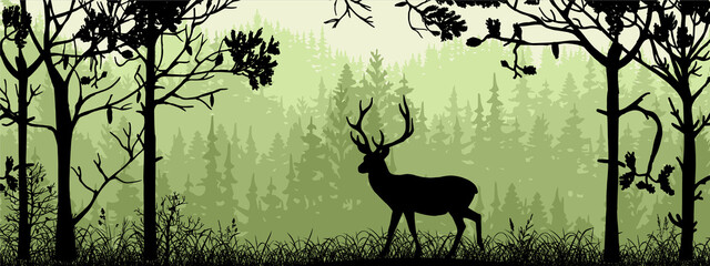 Horizontal banner. Silhouette of deer standing on meadow in forrest. Silhouette of animal, trees, grass. Magical misty landscape, fog. Green, black illustration. Bookmark.