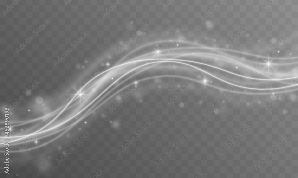 Poster White sparks glitter special light effect. Sparkling dust star trail with bokeh. Transparent light effect with curve trace and wavy line. Illustration of the movement of white smoke flow curve. Vector