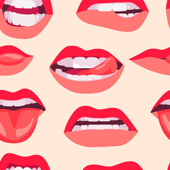 Seamless drawing of women's lips. A hand-drawn drawing. The lips of a girl with red lipstick express different emotions. Sexy kisses on the lips. A mascot for Valentine's Day. Women's beautiful print 
