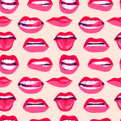 Seamless drawing of women's lips. A hand-drawn drawing. The lips of a girl with red lipstick express different emotions. Sexy kisses on the lips. A mascot for Valentine's Day. Women's beautiful print 