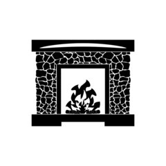 The icon of a fireplace decorated with a wild stone with fire on a white background.