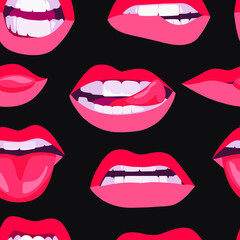 Seamless drawing of women's lips. A hand-drawn drawing. The lips of a girl with red lipstick express different emotions. Sexy kisses on the lips. A mascot for Valentine's Day. Women's beautiful print 