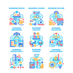 Business Analyst Set Icons Vector Illustrations. Business Analyst People And Lounge Zone, Failure And Insurance, Valuation And Finance, Opportunity And Development Color Illustrations