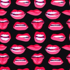 Seamless drawing of women's lips. A hand-drawn drawing. The lips of a girl with red lipstick express different emotions. Sexy kisses on the lips. A mascot for Valentine's Day. Women's beautiful print 