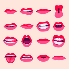 A hand-drawn drawing. Illustration of female lips. The mouth of a girl with a mouth painted with red lipstick. . A mascot for Valentine's Day. Women's beautiful print or postcar
