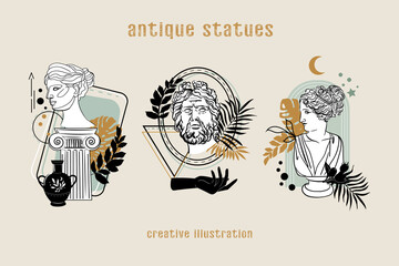 Vector illustration Antique statues and geometric frames collection. Roman style elements. Moden trend