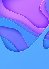 Neon wavy background in paper cut style. Abstract banner template with cut out waves. Blue and violet color gradient card with fluid form holes. Vector cover with origami smooth geometric shapes